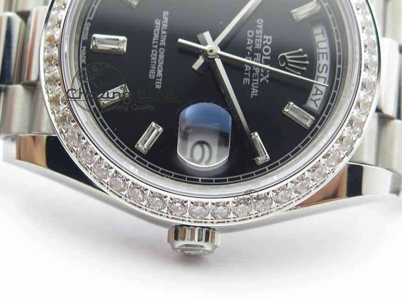 Day Date 40mm SS BP Maker Best Edition Diamond Bezel Black Dial On SS Bracelet A Sporty 3695