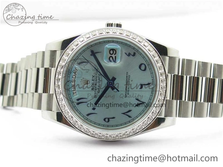 Youthful Day Date 40mm SS BP Maker Best Edition Diamond Bezel Blue Dial Arabic Markers On SS Bracelet A 2883