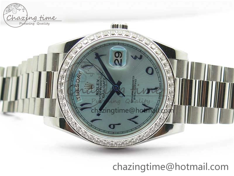 Youthful Day Date 40mm SS BP Maker Best Edition Diamond Bezel Blue Dial Arabic Markers On SS Bracelet A 2883