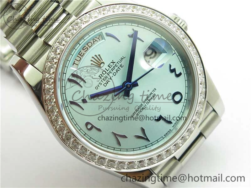 Youthful Day Date 40mm SS BP Maker Best Edition Diamond Bezel Blue Dial Arabic Markers On SS Bracelet A 2883