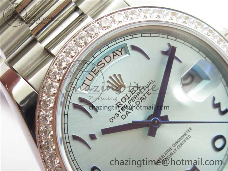 Youthful Day Date 40mm SS BP Maker Best Edition Diamond Bezel Blue Dial Arabic Markers On SS Bracelet A 2883