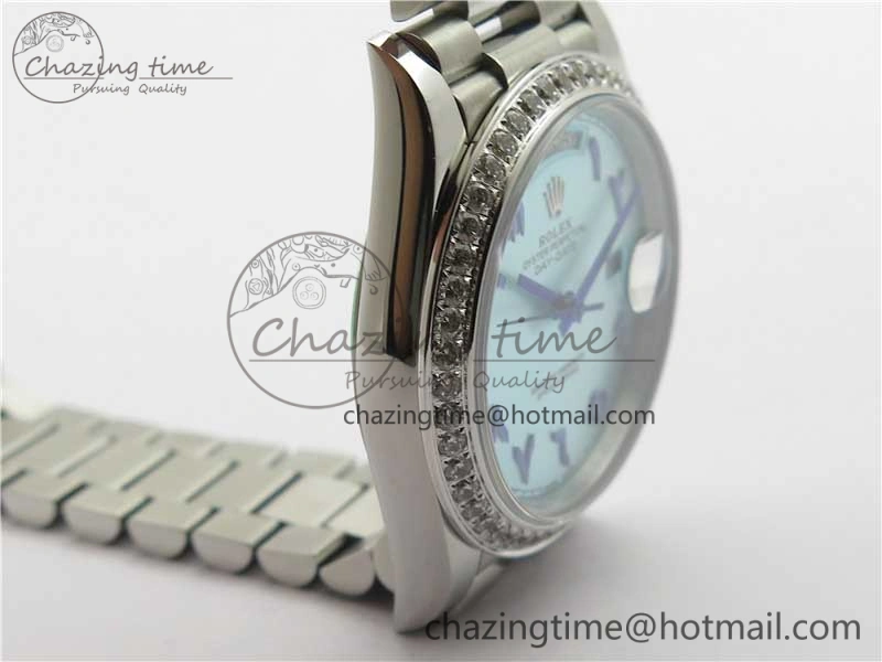 Youthful Day Date 40mm SS BP Maker Best Edition Diamond Bezel Blue Dial Arabic Markers On SS Bracelet A 2883