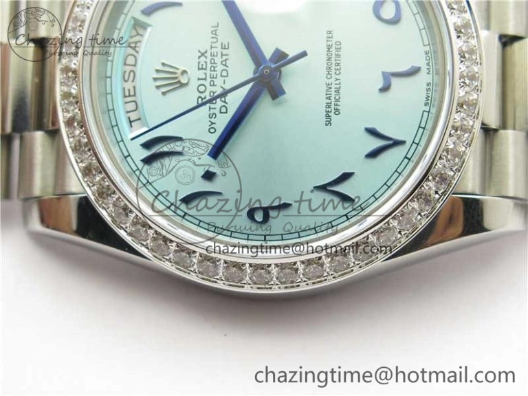 Youthful Day Date 40mm SS BP Maker Best Edition Diamond Bezel Blue Dial Arabic Markers On SS Bracelet A 2883