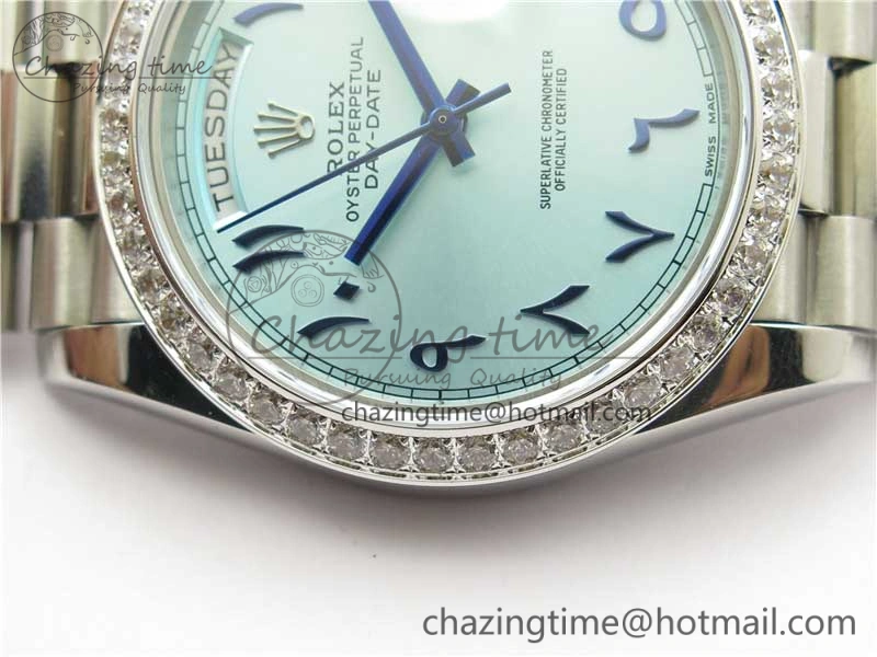 Youthful Day Date 40mm SS BP Maker Best Edition Diamond Bezel Blue Dial Arabic Markers On SS Bracelet A 2883