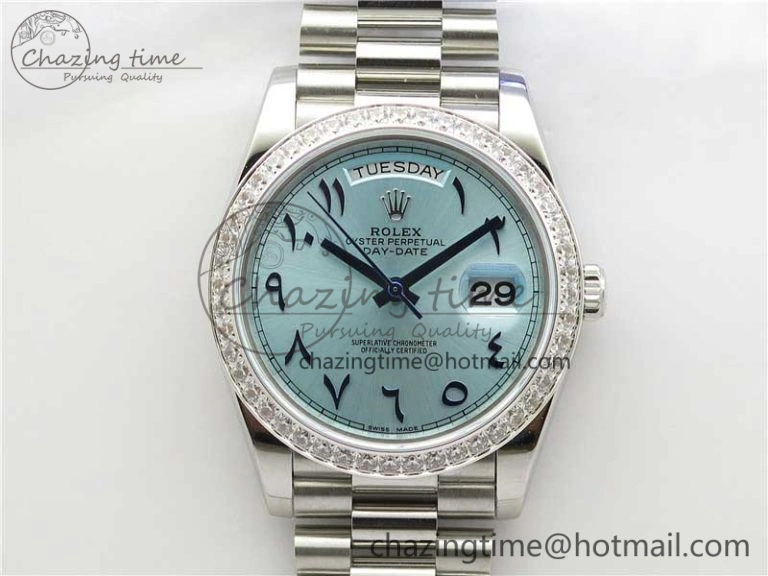 Youthful Day Date 40mm SS BP Maker Best Edition Diamond Bezel Blue Dial Arabic Markers On SS Bracelet A 2883