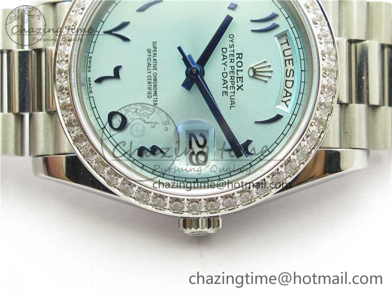 Youthful Day Date 40mm SS BP Maker Best Edition Diamond Bezel Blue Dial Arabic Markers On SS Bracelet A 2883