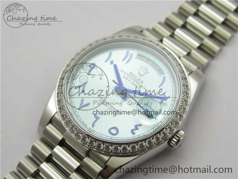 Youthful Day Date 40mm SS BP Maker Best Edition Diamond Bezel Blue Dial Arabic Markers On SS Bracelet A 2883