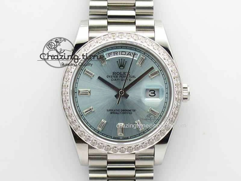 Affordable Day Date 40mm SS BP Maker Best Edition Diamond Bezel Ice Blue Dial On SS Bracelet ETA 3699