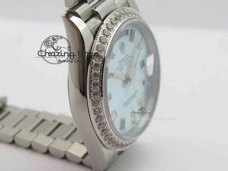 Affordable Day Date 40mm SS BP Maker Best Edition Diamond Bezel Ice Blue Dial On SS Bracelet ETA 3699