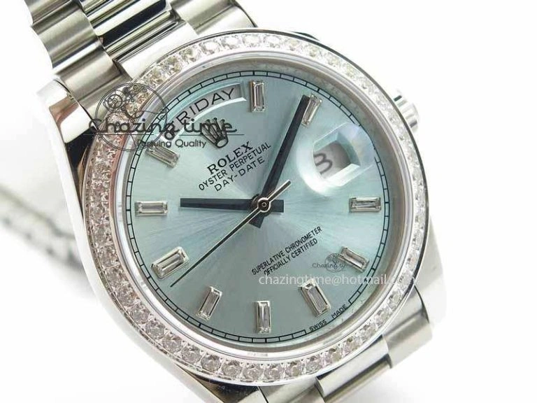 Affordable Day Date 40mm SS BP Maker Best Edition Diamond Bezel Ice Blue Dial On SS Bracelet ETA 3699