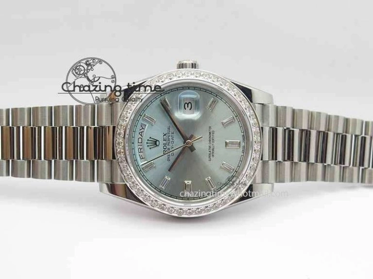 Affordable Day Date 40mm SS BP Maker Best Edition Diamond Bezel Ice Blue Dial On SS Bracelet ETA 3699