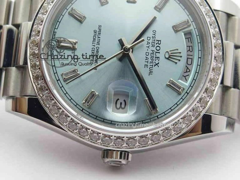 Affordable Day Date 40mm SS BP Maker Best Edition Diamond Bezel Ice Blue Dial On SS Bracelet ETA 3699