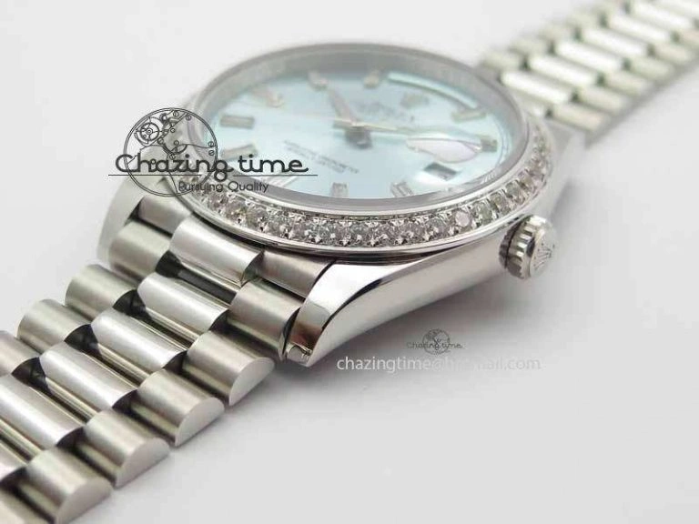 Affordable Day Date 40mm SS BP Maker Best Edition Diamond Bezel Ice Blue Dial On SS Bracelet ETA 3699
