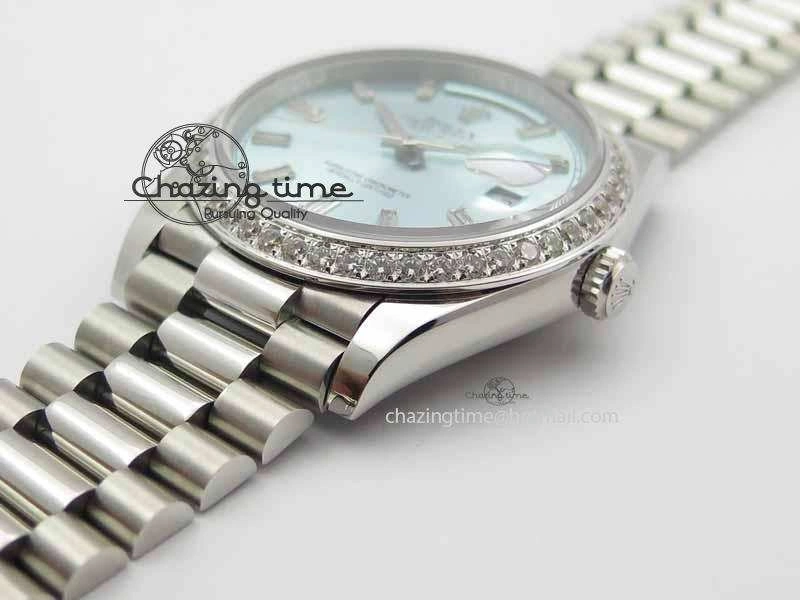 Affordable Day Date 40mm SS BP Maker Best Edition Diamond Bezel Ice Blue Dial On SS Bracelet ETA 3699