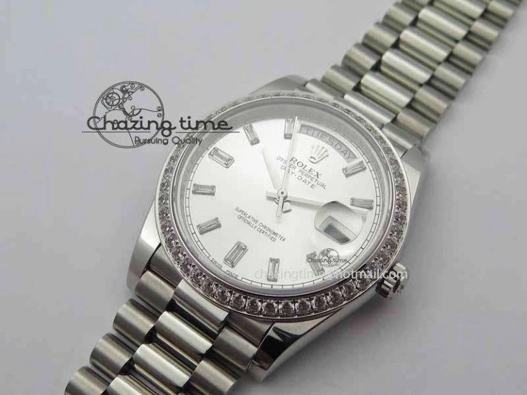 Day Date 40mm SS BP Maker Best Edition Diamond Bezel Silver Dial On SS Bracelet A Original 3697
