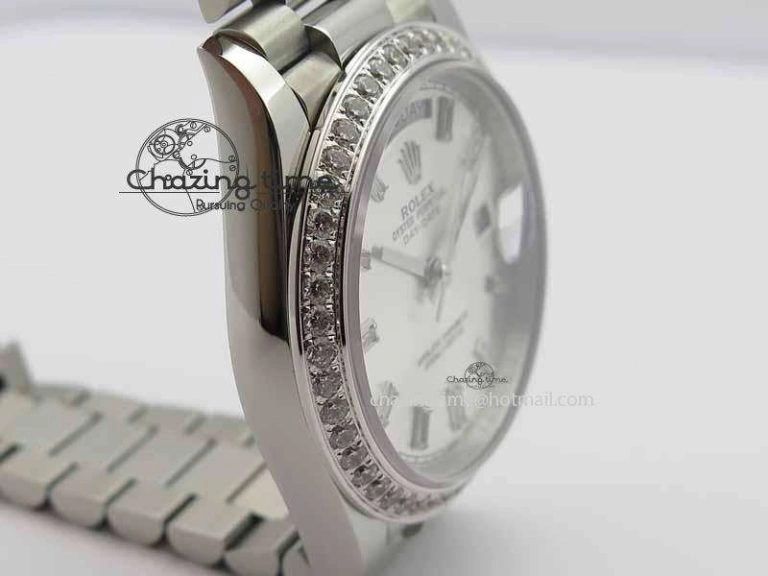 Packable Day Date 40mm SS BP Maker Best Edition Diamond Bezel Silver Dial On SS Bracelet ETA 3696