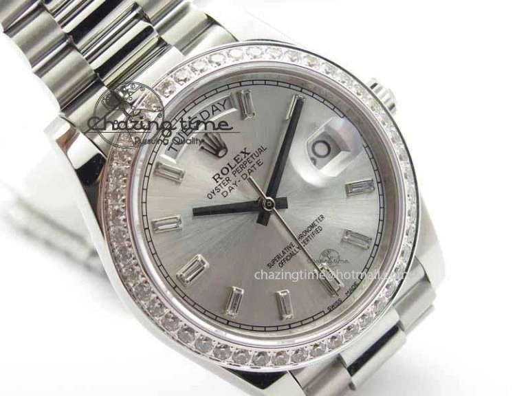 Packable Day Date 40mm SS BP Maker Best Edition Diamond Bezel Silver Dial On SS Bracelet ETA 3696
