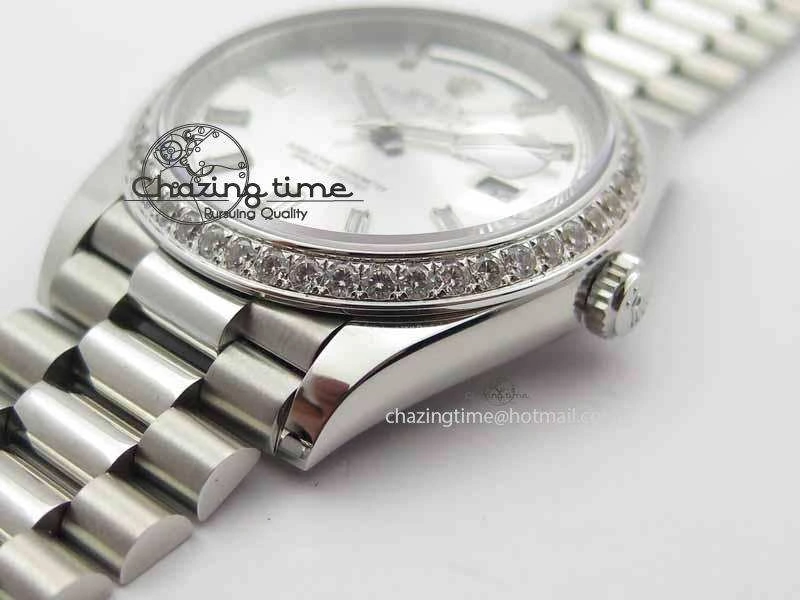 Packable Day Date 40mm SS BP Maker Best Edition Diamond Bezel Silver Dial On SS Bracelet ETA 3696