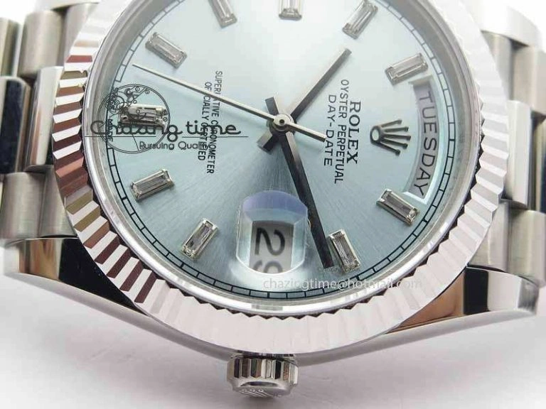 Day Date 40mm SS BP Maker Best Edition Ice Blue Dial Diamond Markers On SS Bracelet A Youthful 3702