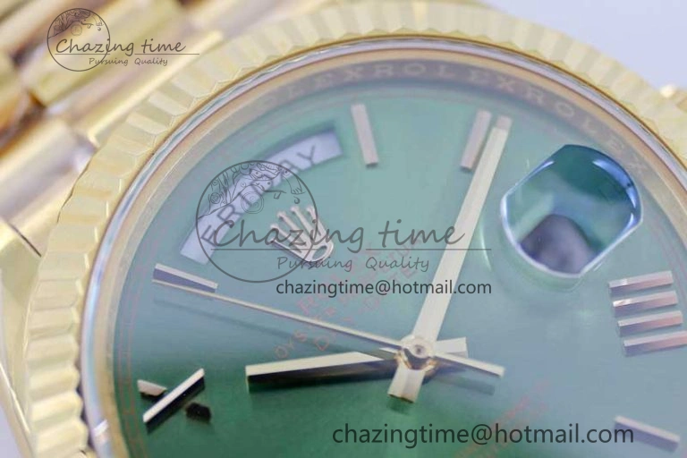 Breathable Day Date 40mm YG 904L Steel TWF 1:1 Best Edition Green Roman Dial on YG Bracelet A 2346