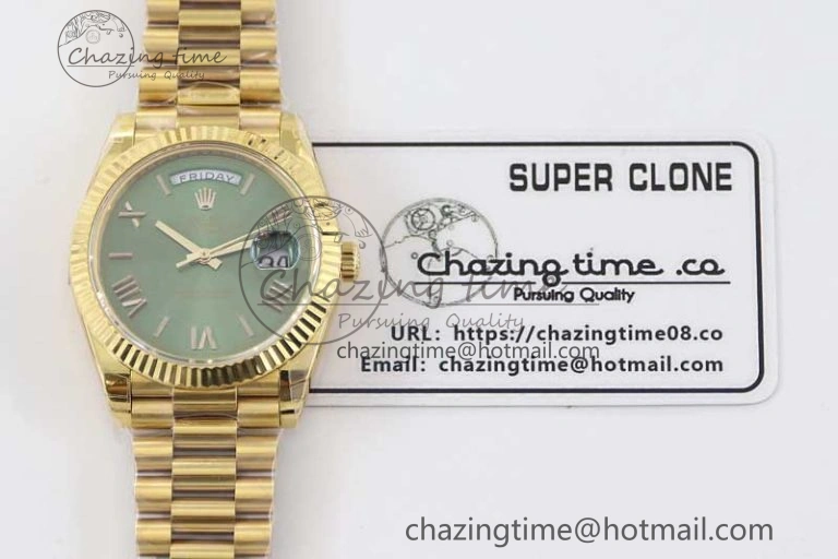 Breathable Day Date 40mm YG 904L Steel TWF 1:1 Best Edition Green Roman Dial on YG Bracelet A 2346
