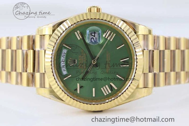 Breathable Day Date 40mm YG 904L Steel TWF 1:1 Best Edition Green Roman Dial on YG Bracelet A 2346
