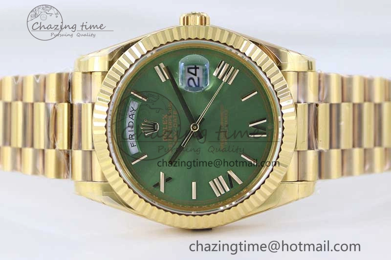 Breathable Day Date 40mm YG 904L Steel TWF 1:1 Best Edition Green Roman Dial on YG Bracelet A 2346