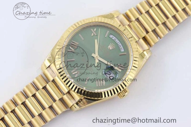 Breathable Day Date 40mm YG 904L Steel TWF 1:1 Best Edition Green Roman Dial on YG Bracelet A 2346