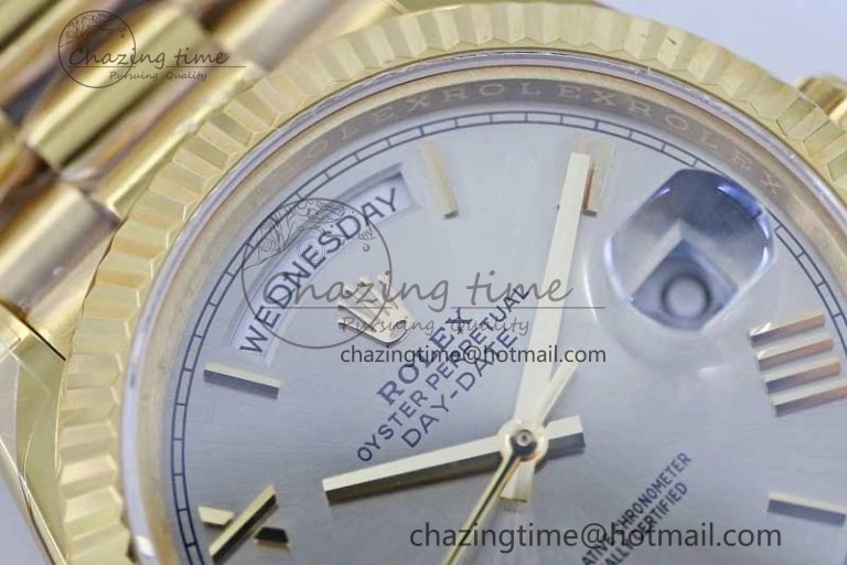 Practical Day Date 40mm YG 904L Steel TWF 1:1 Best Edition Silver Roman Dial on YG Bracelet A 2369