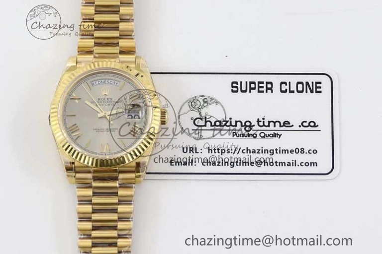 Practical Day Date 40mm YG 904L Steel TWF 1:1 Best Edition Silver Roman Dial on YG Bracelet A 2369