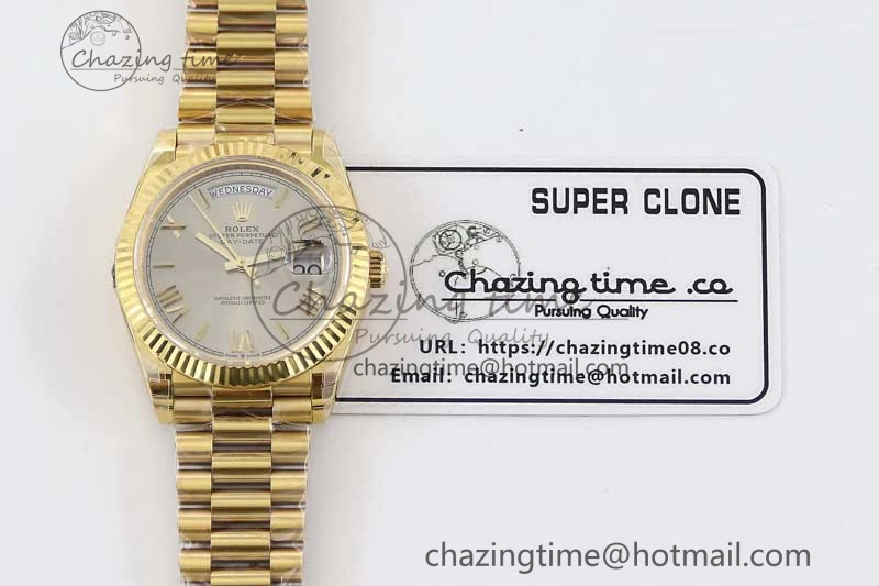 Practical Day Date 40mm YG 904L Steel TWF 1:1 Best Edition Silver Roman Dial on YG Bracelet A 2369