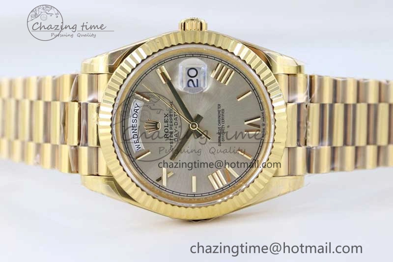 Practical Day Date 40mm YG 904L Steel TWF 1:1 Best Edition Silver Roman Dial on YG Bracelet A 2369