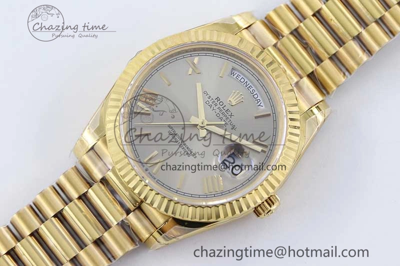 Practical Day Date 40mm YG 904L Steel TWF 1:1 Best Edition Silver Roman Dial on YG Bracelet A 2369