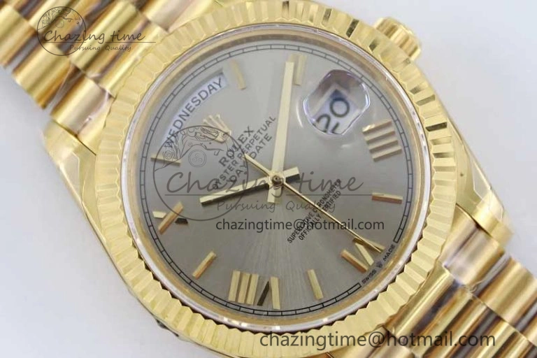 Practical Day Date 40mm YG 904L Steel TWF 1:1 Best Edition Silver Roman Dial on YG Bracelet A 2369