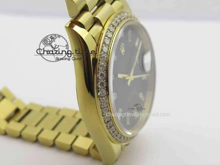 Bright Day Date 40mm YG BP Maker Best Edition Black Dial Diamond Bezel On YG Bracelet A 3681