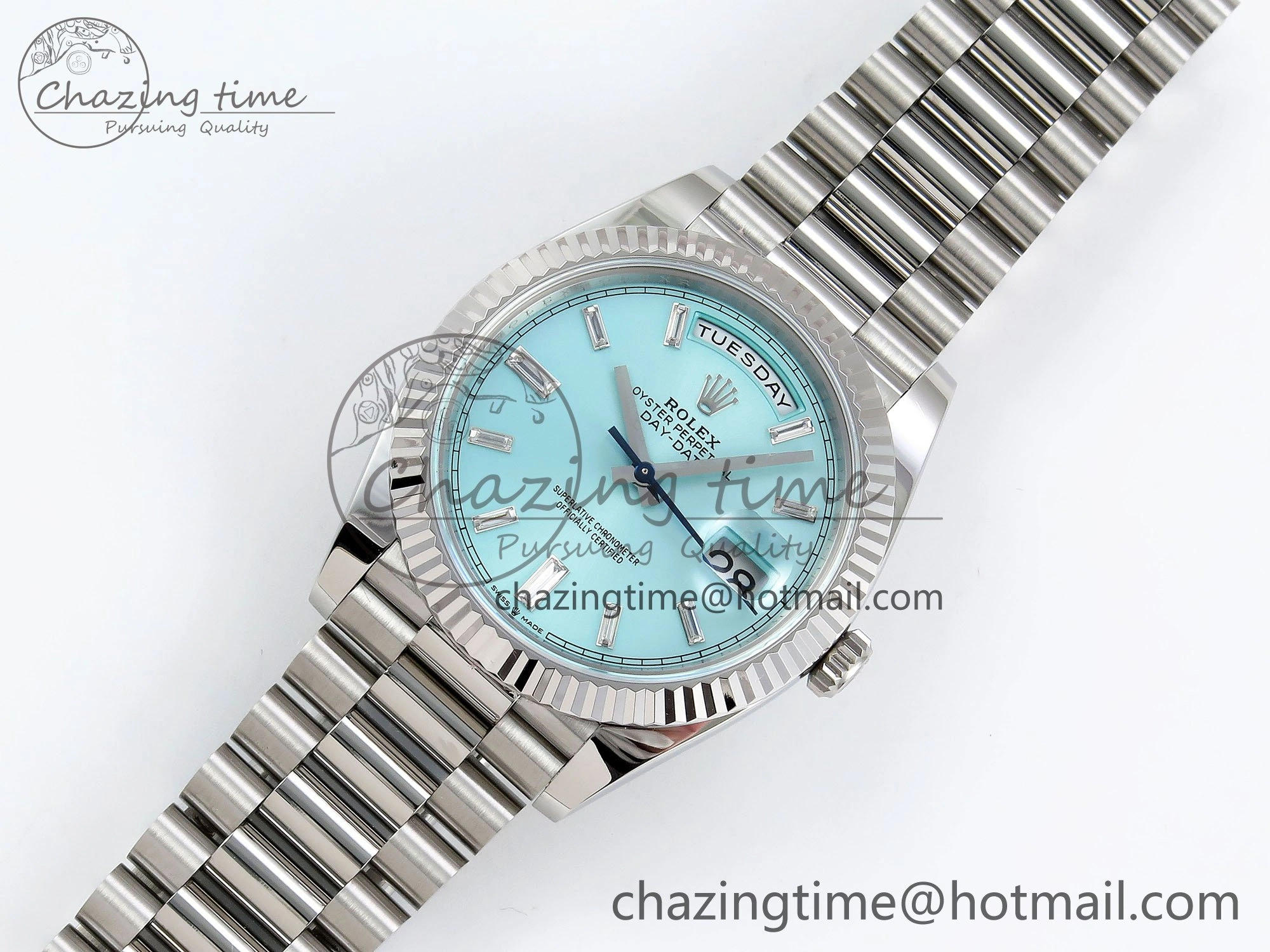 DayDate 40 228236 ARF 904L Steel Tiffany Blue Crystal Diamonds Bezel on President Bracelet VR Affordable 1544