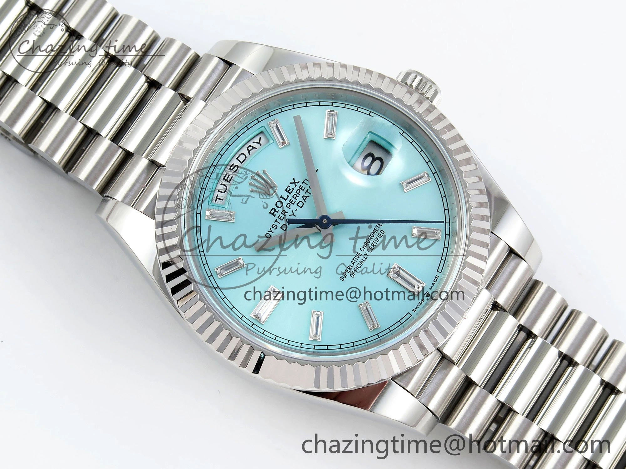 DayDate 40 228236 ARF 904L Steel Tiffany Blue Crystal Diamonds Bezel on President Bracelet VR Affordable 1544