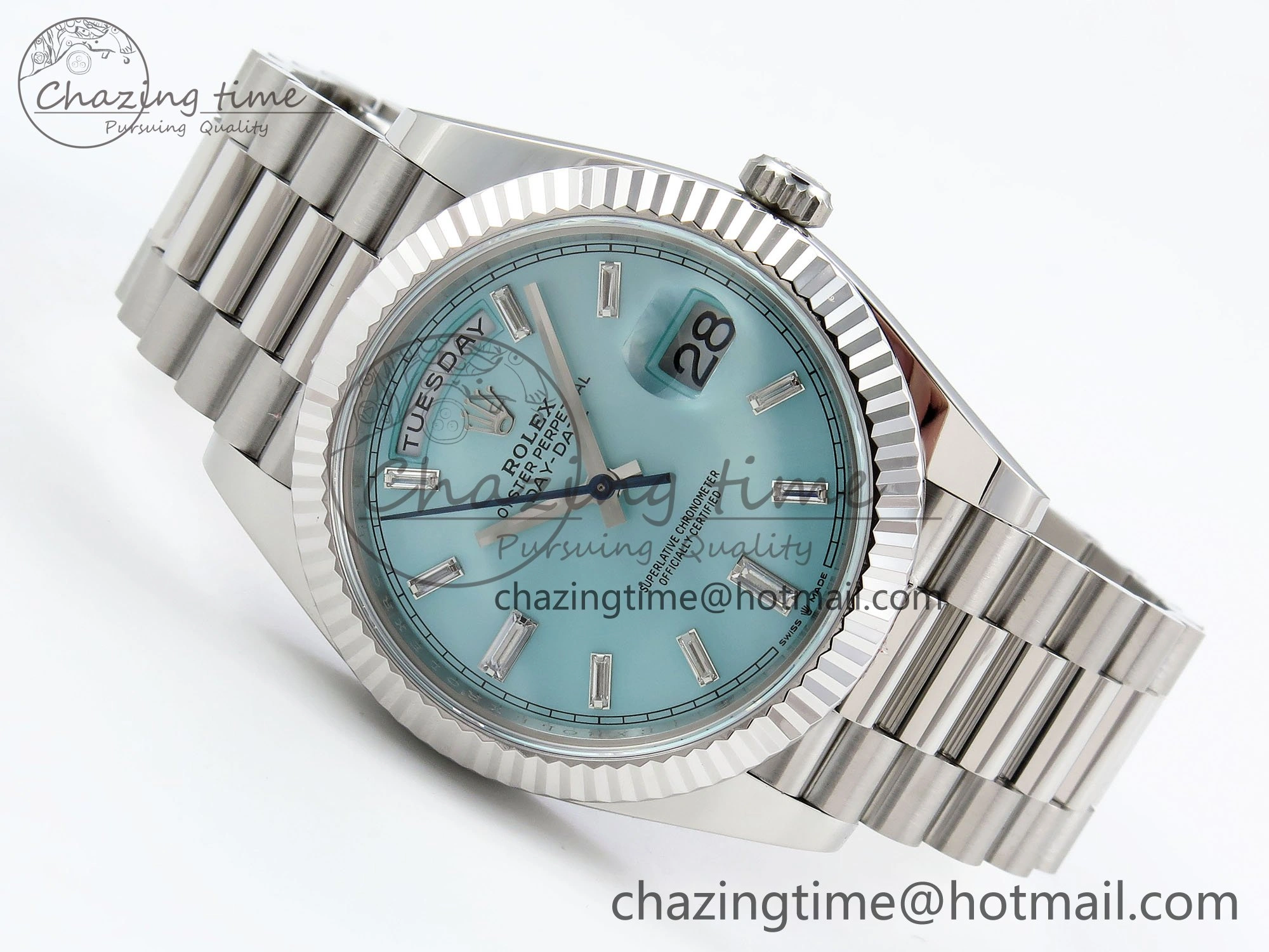 DayDate 40 228236 ARF 904L Steel Tiffany Blue Crystal Diamonds Bezel on President Bracelet VR Affordable 1544