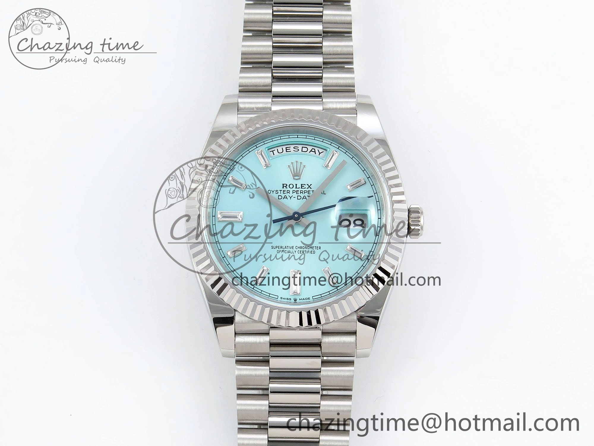 DayDate 40 228236 ARF 904L Steel Tiffany Blue Crystal Diamonds Bezel on President Bracelet VR Affordable 1544