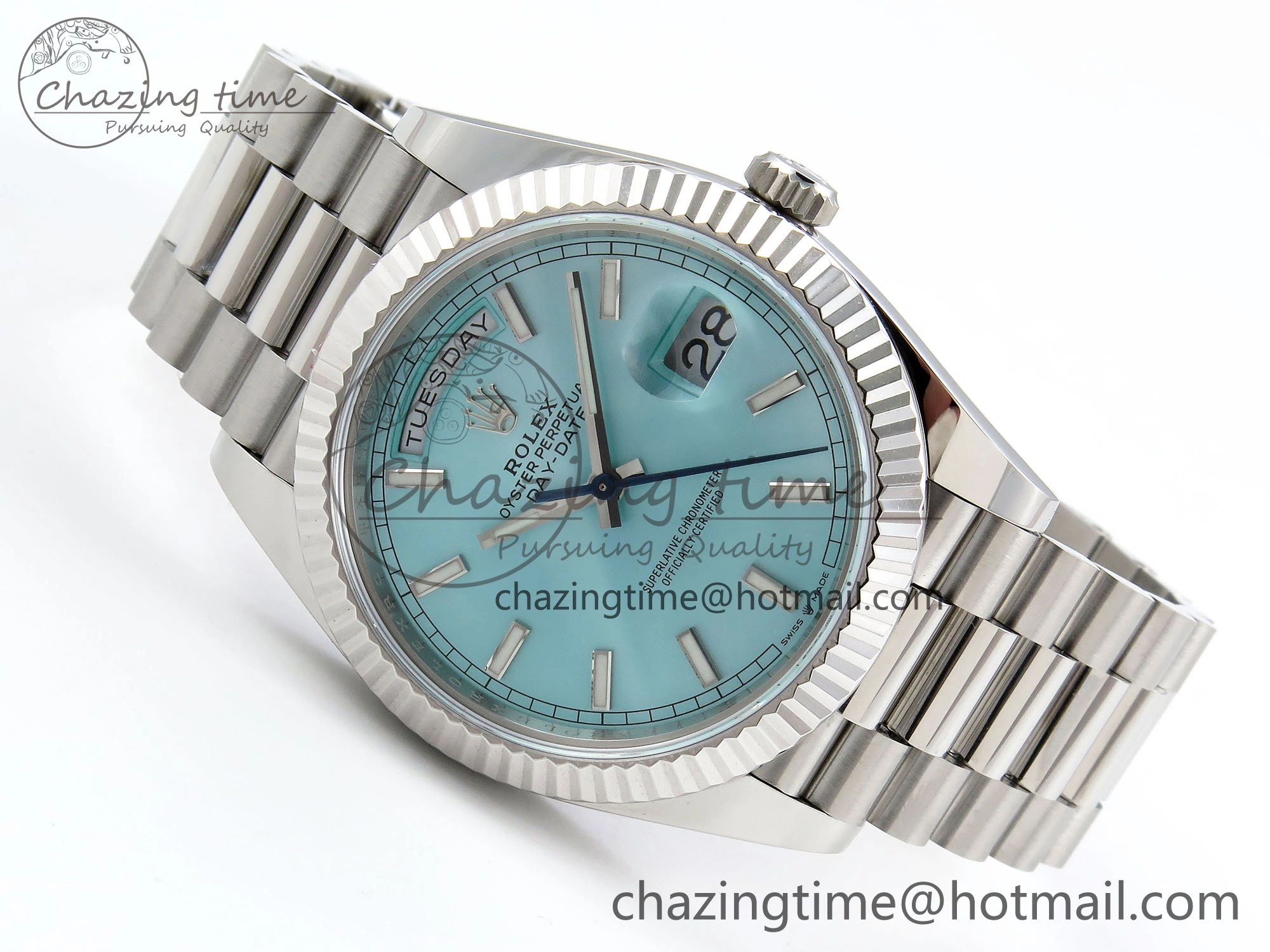 OnTrend DayDate 40 228236 ARF 904L Steel Tiffany Blue Stick Dial on President Bracelet VR 1545