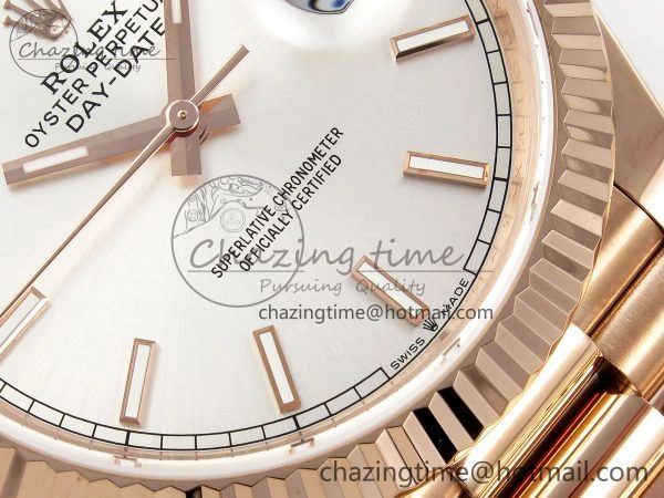 DayDate 40 RG JDF 904L Steel Silver Stick Dial on President Bracelet VR3255 V3 (Gain Weight) MultiPurpose 1360