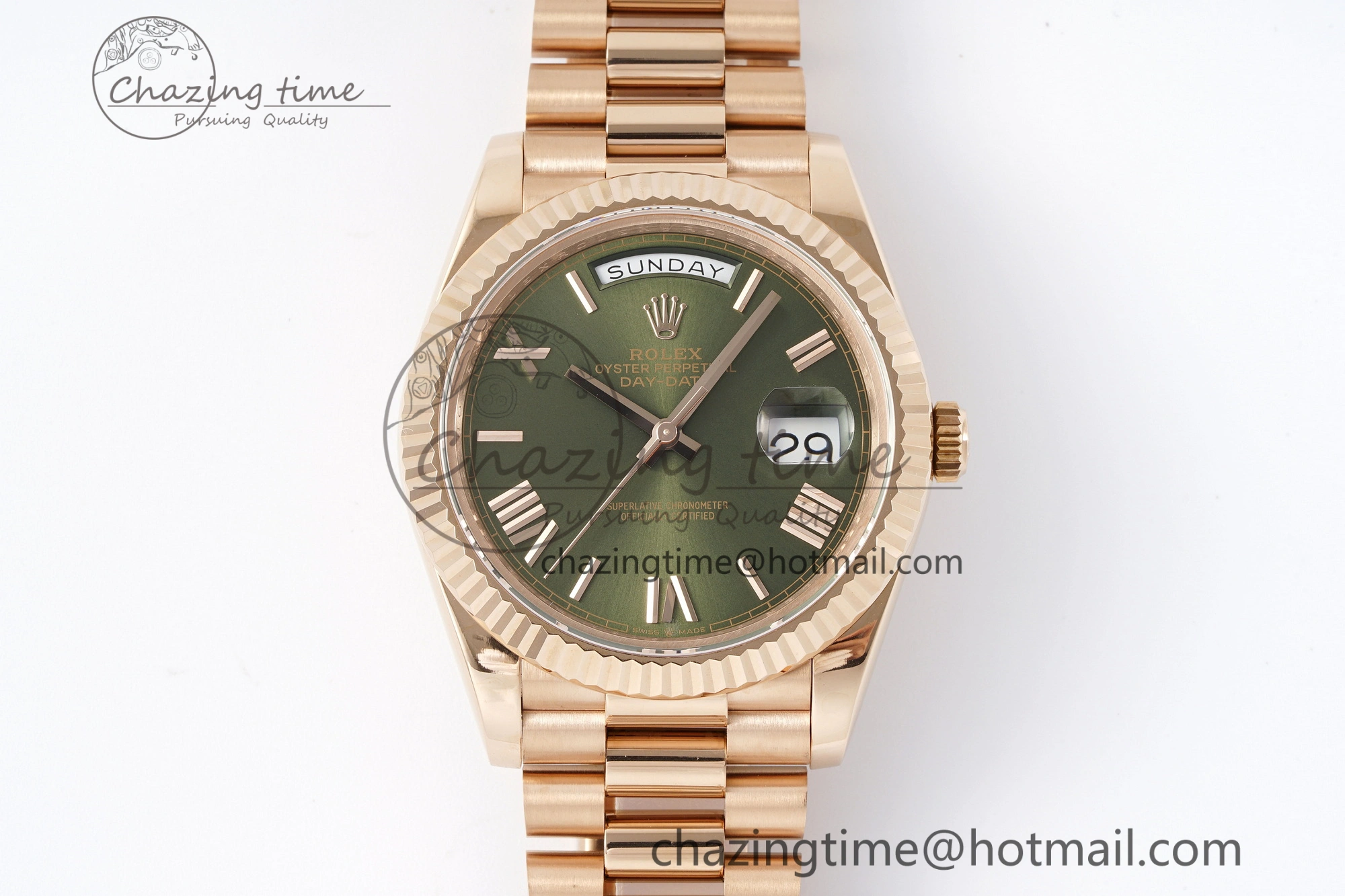 Sustainable DayDate 40 RG JDF Gain Weight 904L Steel Green Dial Roman Markers on President Bracelet A2836 V 1816