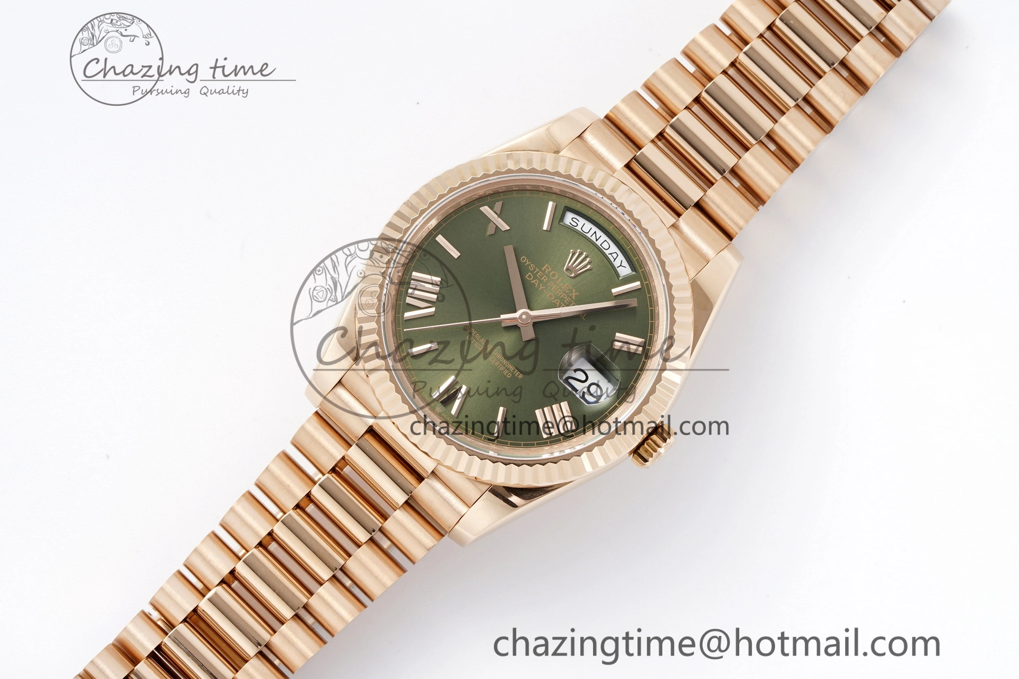 Sustainable DayDate 40 RG JDF Gain Weight 904L Steel Green Dial Roman Markers on President Bracelet A2836 V 1816