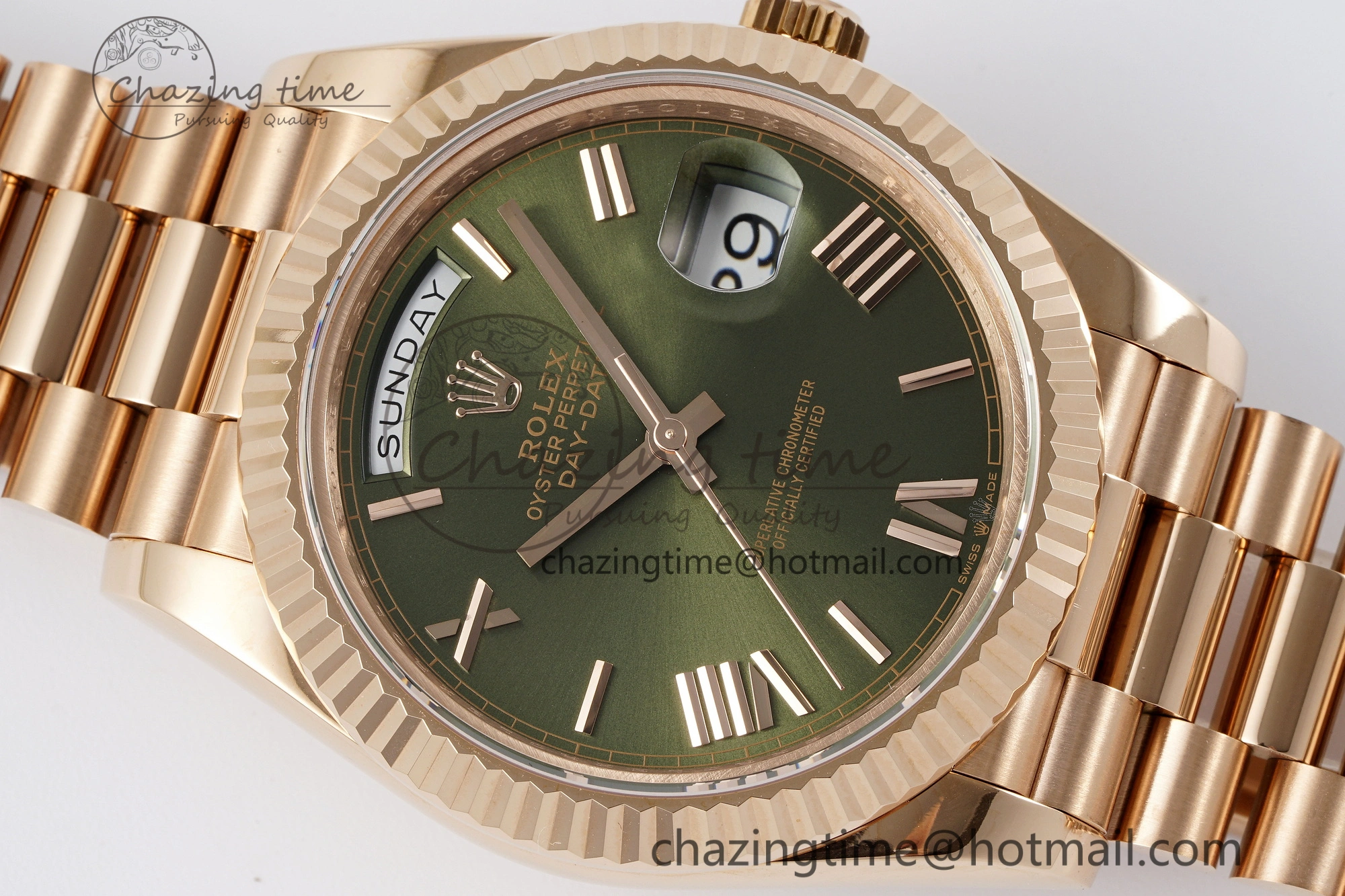Sustainable DayDate 40 RG JDF Gain Weight 904L Steel Green Dial Roman Markers on President Bracelet A2836 V 1816