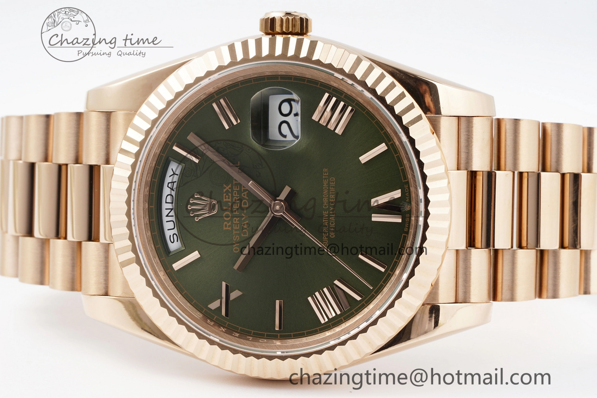 Sustainable DayDate 40 RG JDF Gain Weight 904L Steel Green Dial Roman Markers on President Bracelet A2836 V 1816