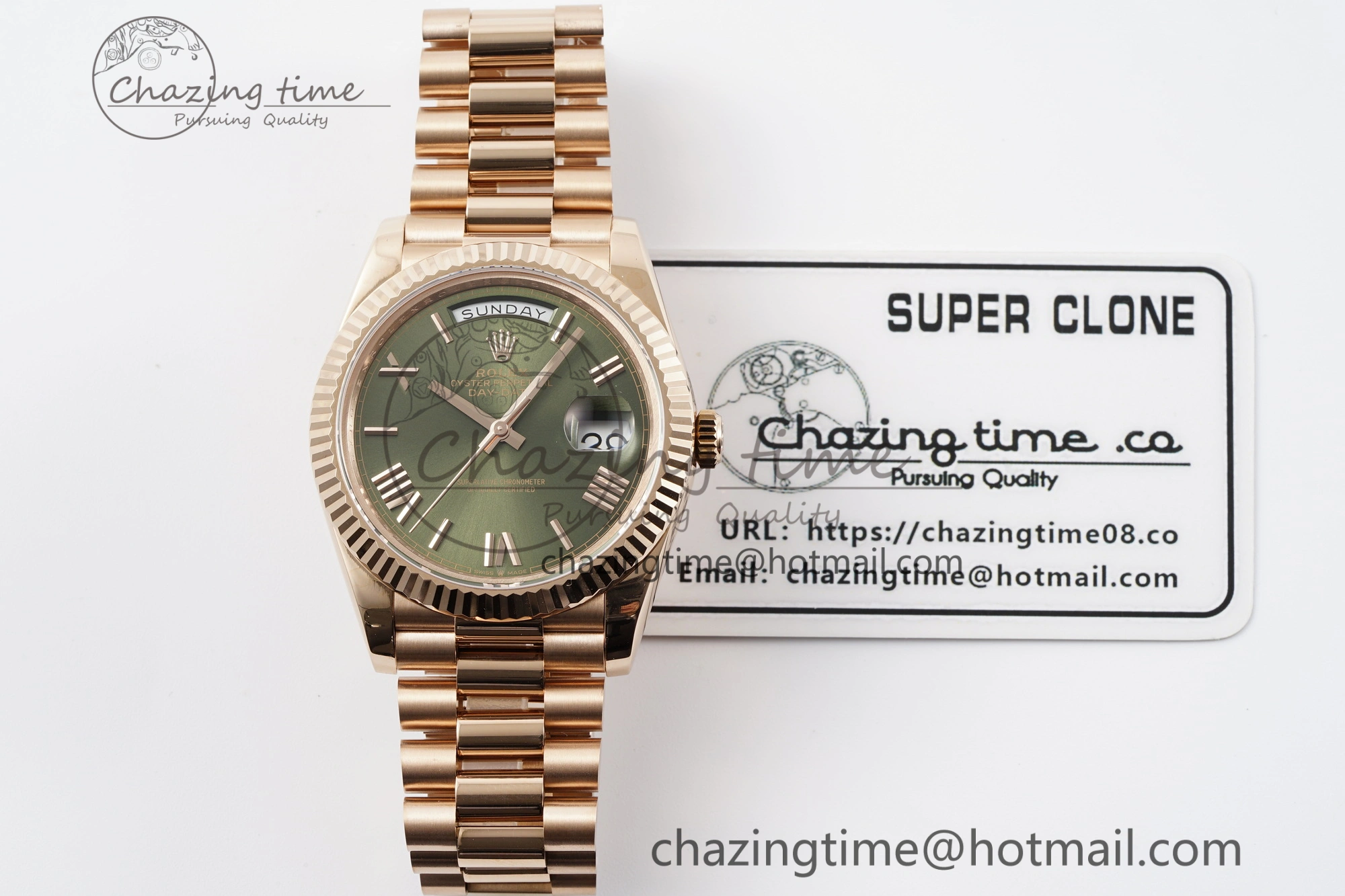Sustainable DayDate 40 RG JDF Gain Weight 904L Steel Green Dial Roman Markers on President Bracelet A2836 V 1816