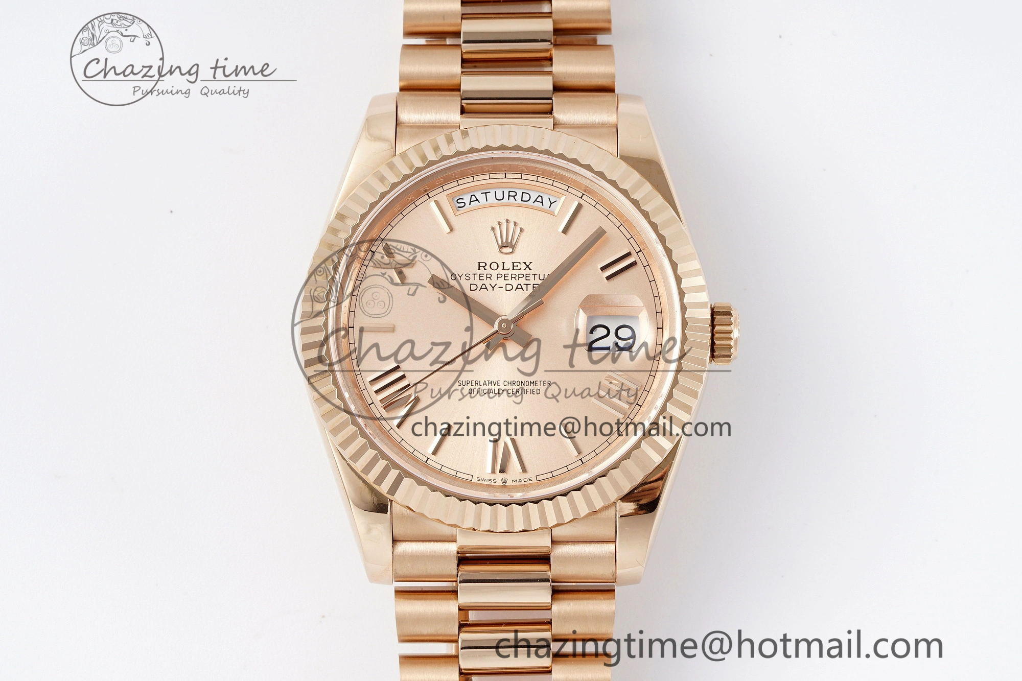 DayDate 40 RG JDF Gain Weight 904L Steel RG Dial Roman Markers on President Bracelet A2836 V WaterResistant 1817
