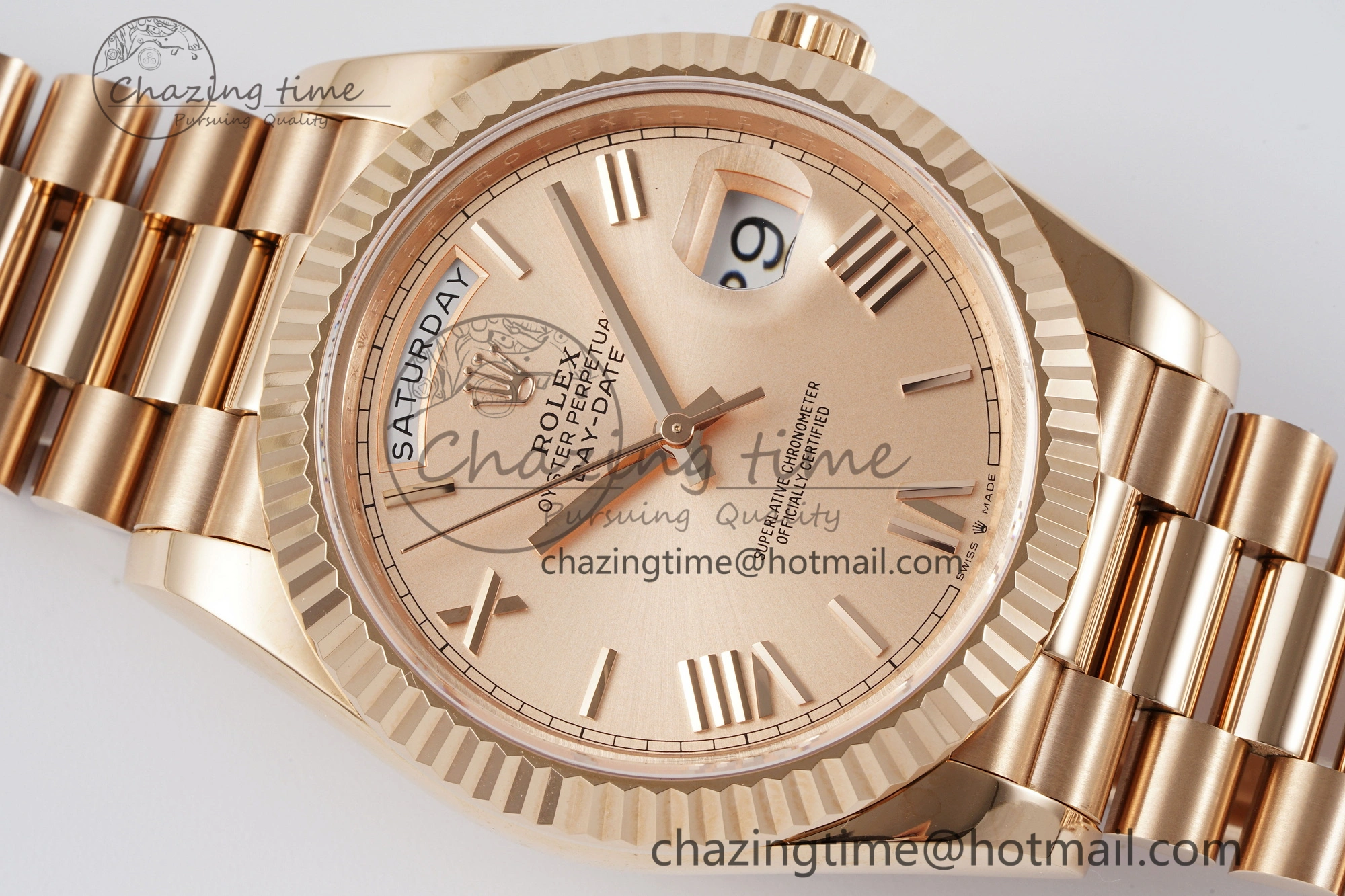 DayDate 40 RG JDF Gain Weight 904L Steel RG Dial Roman Markers on President Bracelet A2836 V WaterResistant 1817