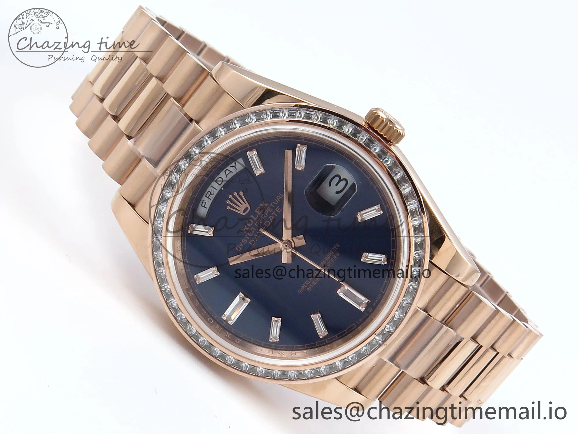 GoAnywhere DayDate 40 RG QF 1:1 Best Edition Blue Crystal Dial Diamonds Bezel on President Bracelet A2836 V5 (Gain Weight) 472
