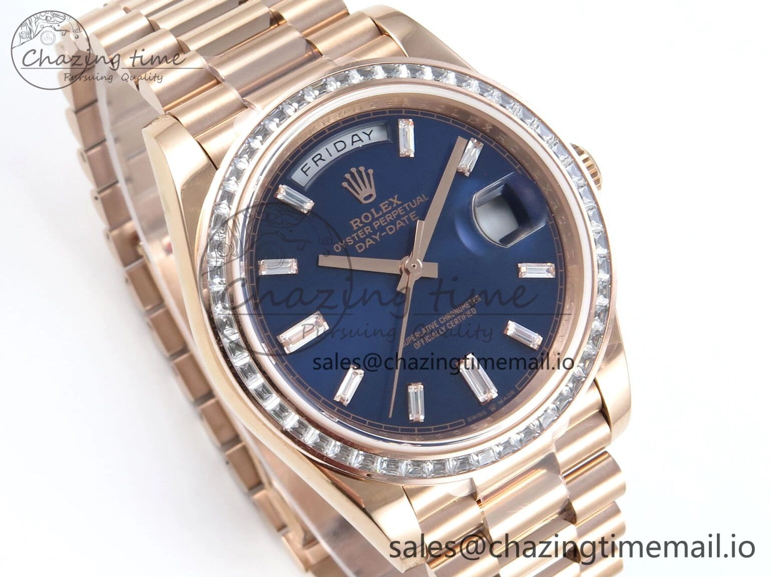 GoAnywhere DayDate 40 RG QF 1:1 Best Edition Blue Crystal Dial Diamonds Bezel on President Bracelet A2836 V5 (Gain Weight) 472